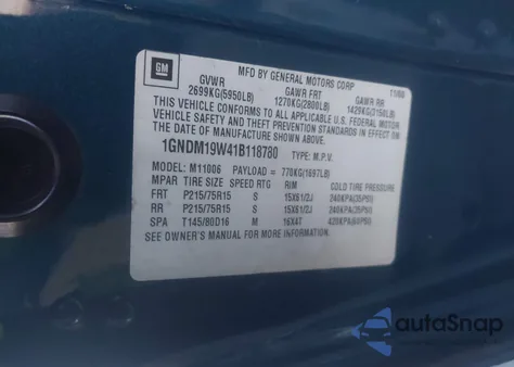 2001 Chevrolet Astro Ls z USA, uszkodzony, nr VIN 1GNDM19W41B118780